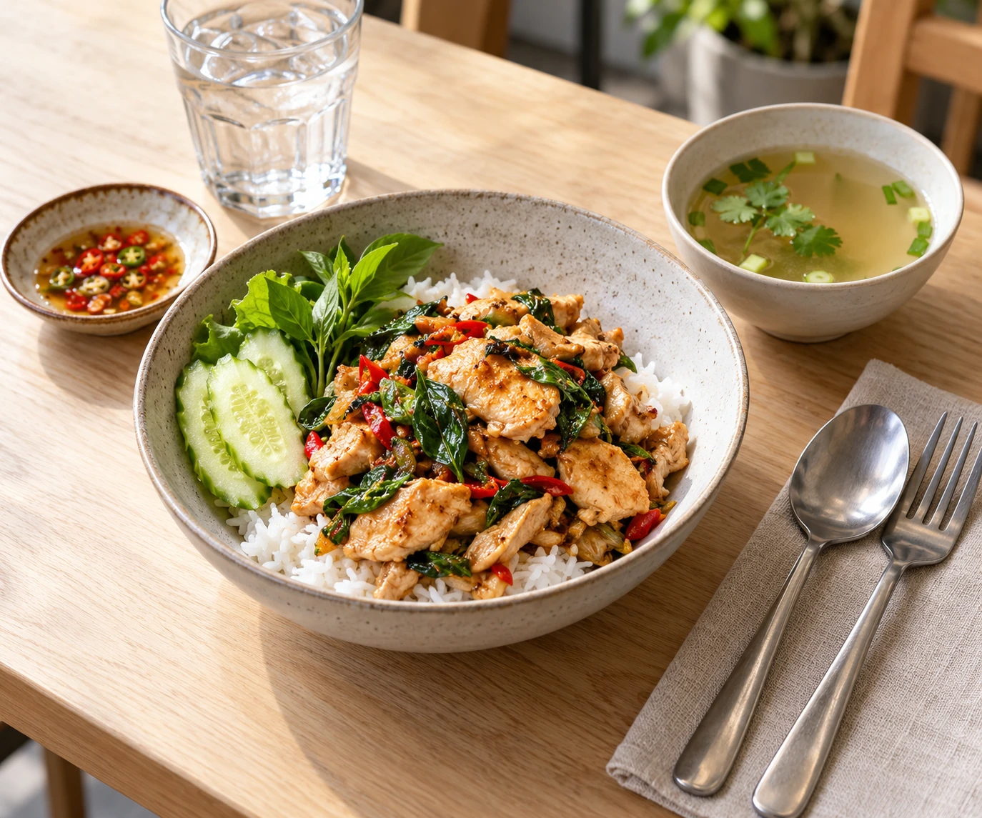 ข้าวหน้าไก่กับผักและซุปถ้วยเล็กจัดแยกเป็นอาหารสำหรับหนึ่งที่