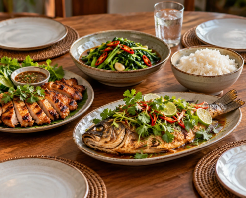 อาหารจานกลางทั้งไก่ย่าง ปลา ผัก และข้าว วางร่วมกับจานส่วนตัวรอบโต๊ะ