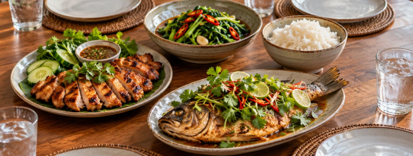 อาหารจานกลางทั้งไก่ย่าง ปลา ผัก และข้าว วางร่วมกับจานส่วนตัวรอบโต๊ะ