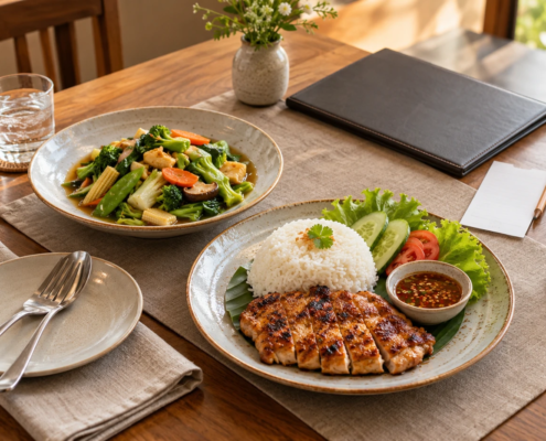 ข้าวไก่ย่าง ผัดผัก และแฟ้มเมนูบนโต๊ะอาหารพร้อมกระดาษจดงบ