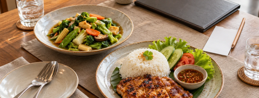 ข้าวไก่ย่าง ผัดผัก และแฟ้มเมนูบนโต๊ะอาหารพร้อมกระดาษจดงบ