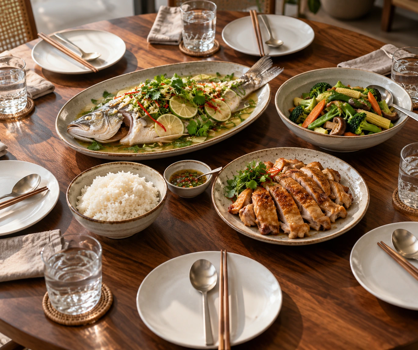 อาหารปลา ผัก ไก่ และข้าวจัดสำหรับแบ่งกันบนโต๊ะมื้อกลุ่ม