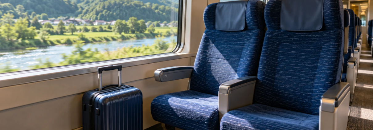 ที่นั่งรถไฟระหว่างเมืองข้างหน้าต่างในแสงกลางวันกับกระเป๋าเดินทางใบเล็ก