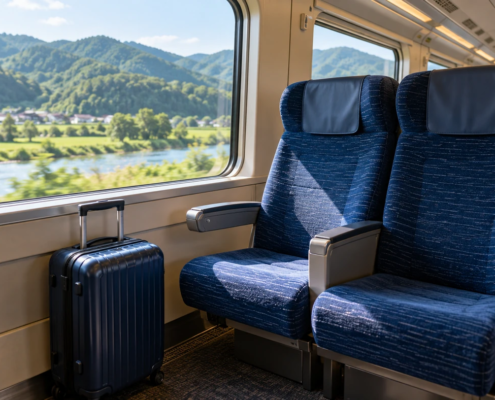ที่นั่งรถไฟระหว่างเมืองข้างหน้าต่างในแสงกลางวันกับกระเป๋าเดินทางใบเล็ก