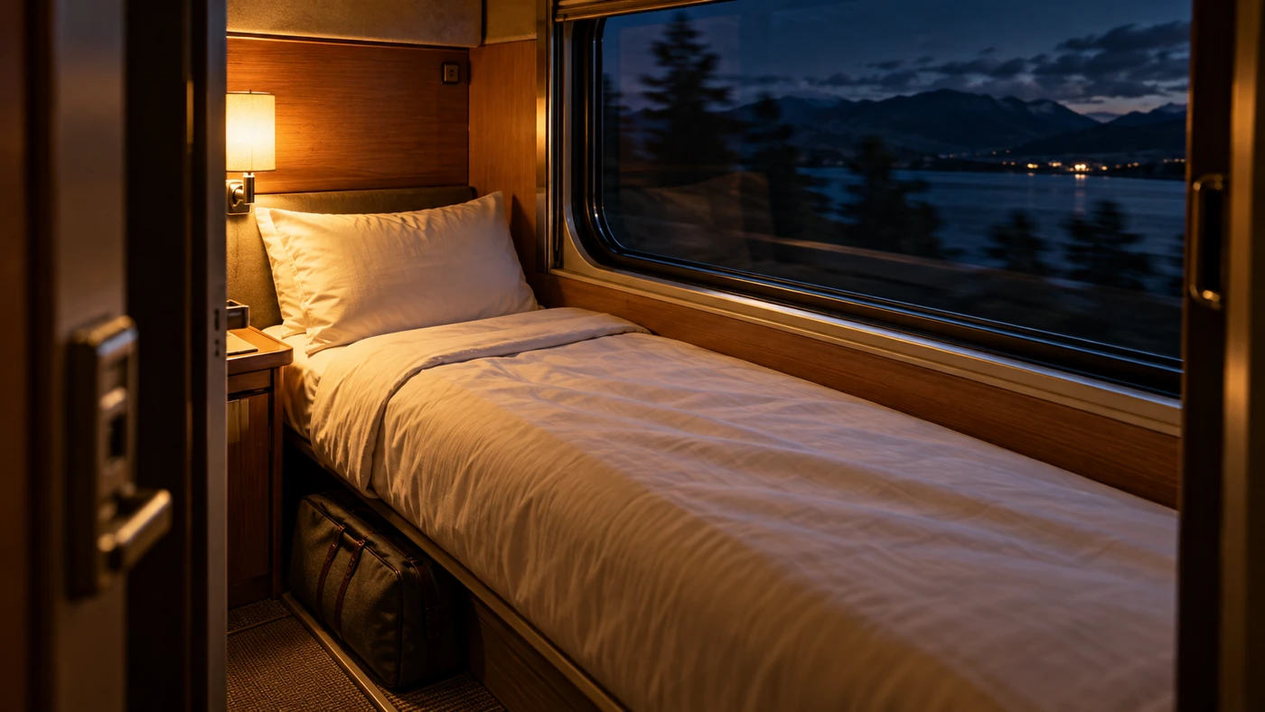 ห้องนอนขนาดกะทัดรัดบนรถไฟยามค่ำ มีเตียงเดี่ยวและแสงโคมอุ่น