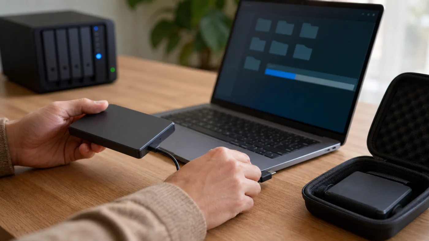 กำลังเชื่อมต่อ External SSD กับโน้ตบุ๊กเพื่อทดสอบกู้คืนไฟล์สำรอง