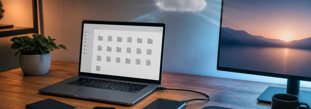 คอมพิวเตอร์และอุปกรณ์จัดเก็บข้อมูลแสดงแนวคิด Cloud Sync กับ Backup แยกอิสระ
