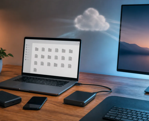 คอมพิวเตอร์และอุปกรณ์จัดเก็บข้อมูลแสดงแนวคิด Cloud Sync กับ Backup แยกอิสระ