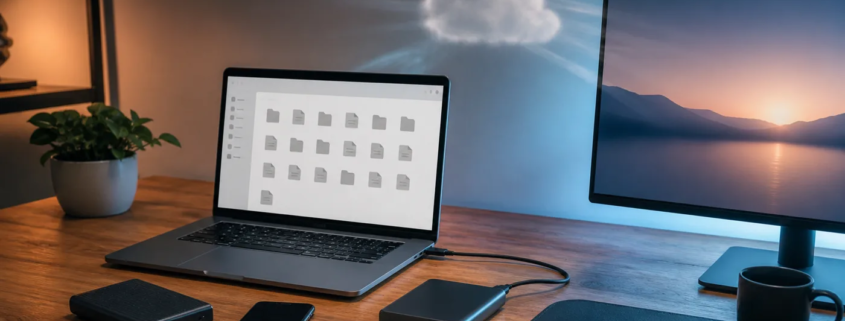 คอมพิวเตอร์และอุปกรณ์จัดเก็บข้อมูลแสดงแนวคิด Cloud Sync กับ Backup แยกอิสระ