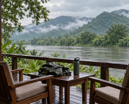 เก้าอี้ไม้ริมแม่น้ำกับภูเขาเขียวในเช้าวันฝนพรำ