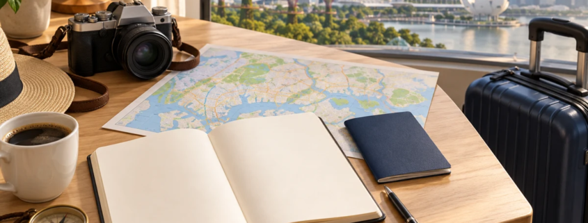 สมุดแผนเดินทาง แผนที่ กล้อง และกระเป๋าบนโต๊ะริมหน้าต่าง