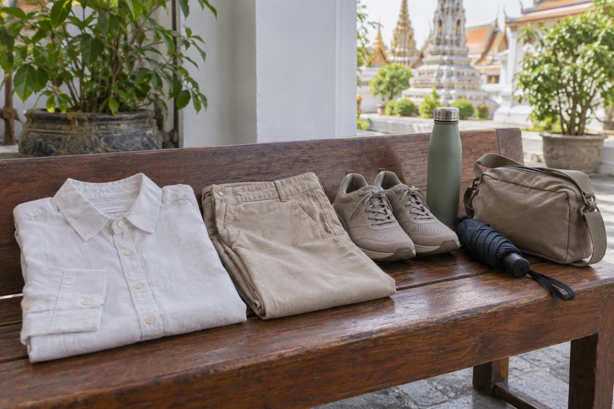 เสื้อสีอ่อน กางเกง รองเท้าผ้าใบ ขวดน้ำ ร่ม และกระเป๋าบนม้านั่งไม้