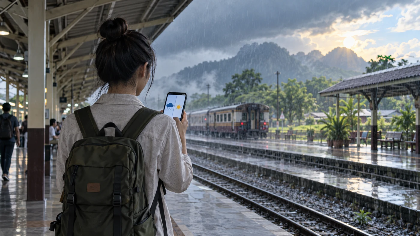นักเดินทางตรวจสัญลักษณ์สภาพอากาศบนโทรศัพท์ที่ชานชาลาระหว่างฝนตก