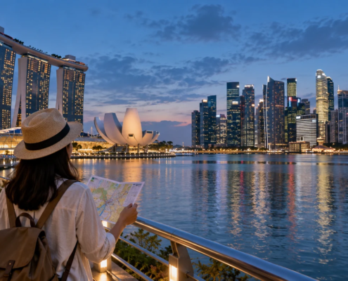 นักเดินทางถือแผนที่บนทางเดินริมน้ำ โดยมีเส้นขอบฟ้าย่าน Marina Bay ในช่วงเย็น