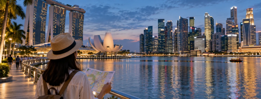 นักเดินทางถือแผนที่บนทางเดินริมน้ำ โดยมีเส้นขอบฟ้าย่าน Marina Bay ในช่วงเย็น