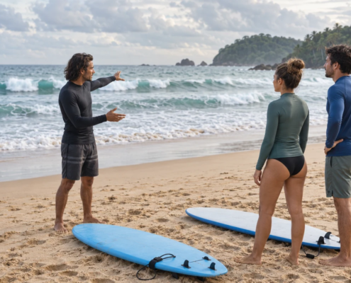 ผู้สอนและผู้เรียนพูดคุยบนชายหาดก่อนกิจกรรม