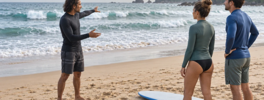 ผู้สอนและผู้เรียนพูดคุยบนชายหาดก่อนกิจกรรม