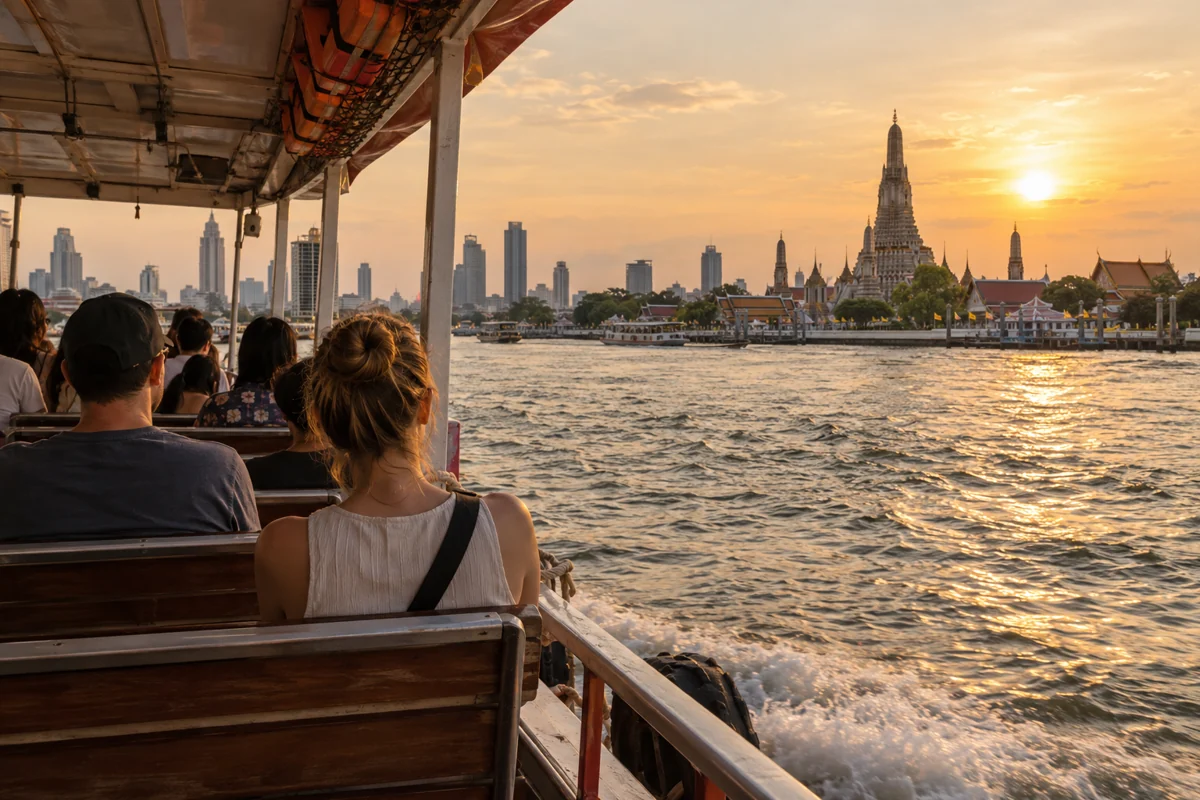 ผู้โดยสารนั่งเรือชมทิวทัศน์ริมแม่น้ำเจ้าพระยายามเย็น