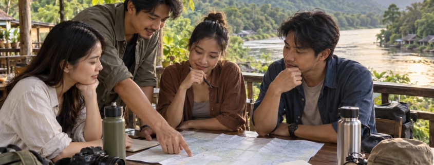 กลุ่มเพื่อนผู้ใหญ่วางแผนการเดินทางที่โต๊ะริมทิวทัศน์แม่น้ำและภูเขา