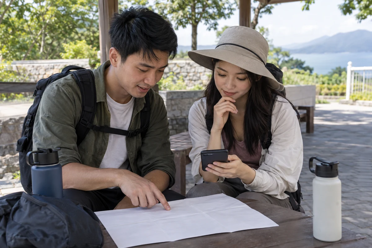 ผู้เดินทางสองคนตรวจแผนกิจกรรมบนกระดาษและโทรศัพท์ในจุดพักกลางแจ้ง