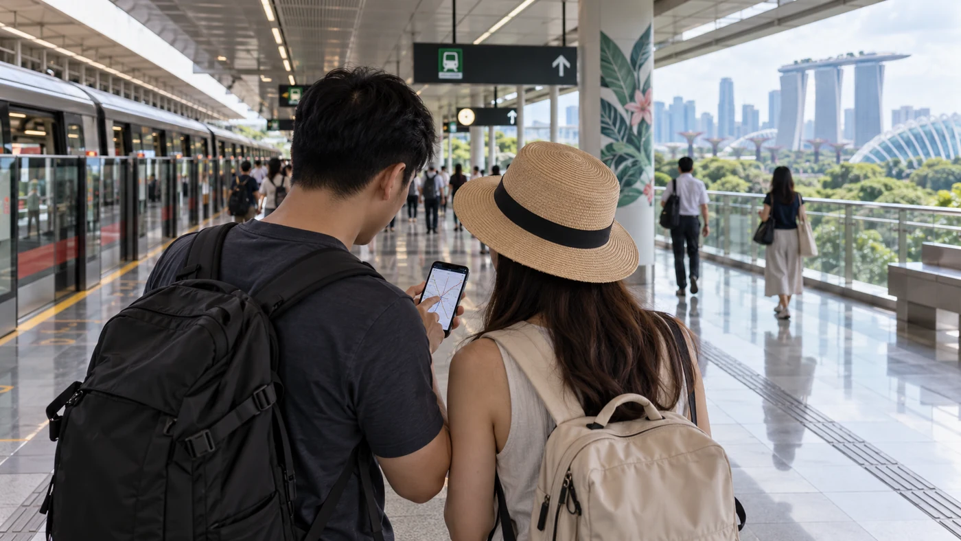 นักเดินทางสองคนดูเส้นทางบนโทรศัพท์ในสถานีรถไฟสมัยใหม่ที่มองเห็นเส้นขอบฟ้าสิงคโปร์