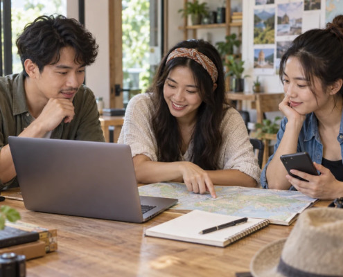 นักเดินทางผู้ใหญ่สามคนใช้คอมพิวเตอร์ โทรศัพท์ และแผนที่วางแผนทริป