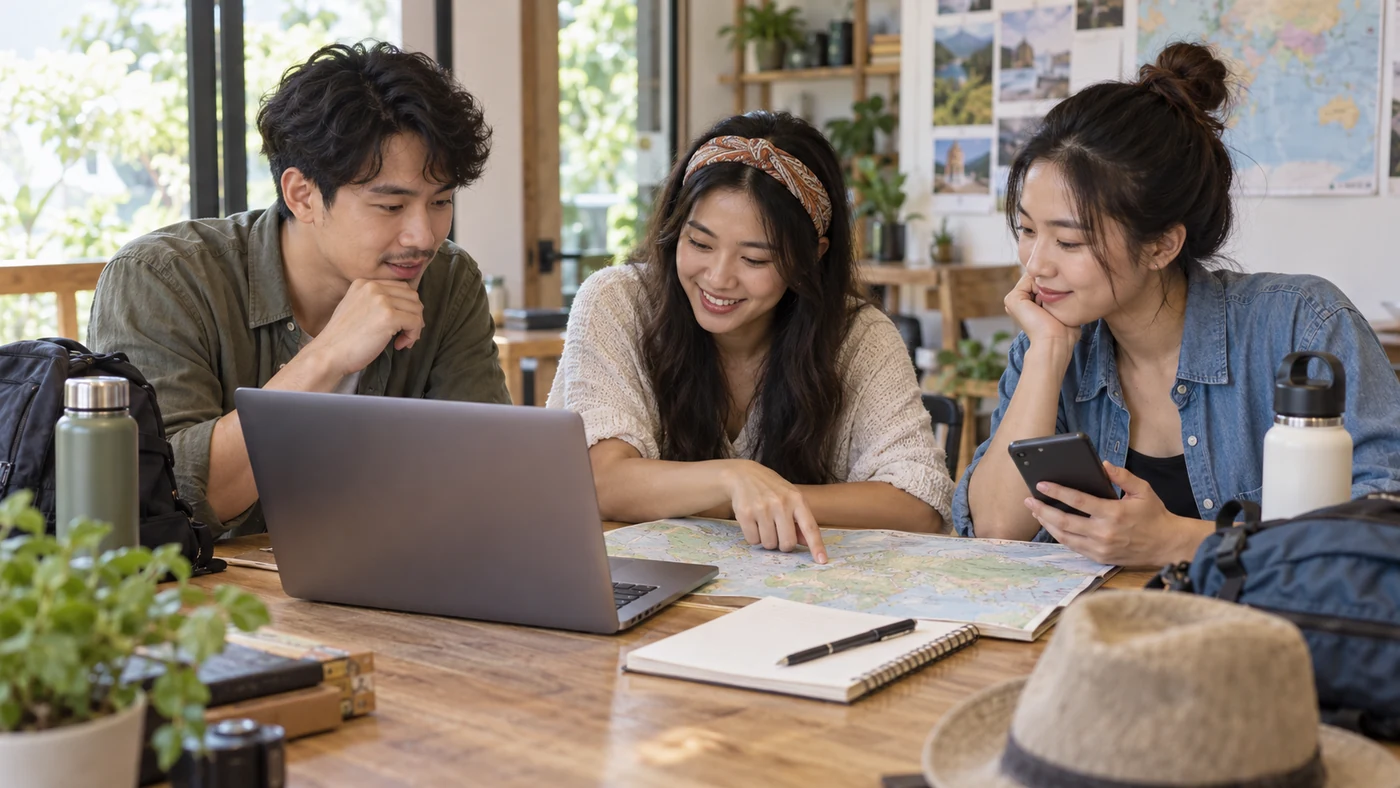 นักเดินทางผู้ใหญ่สามคนใช้คอมพิวเตอร์ โทรศัพท์ และแผนที่วางแผนทริป