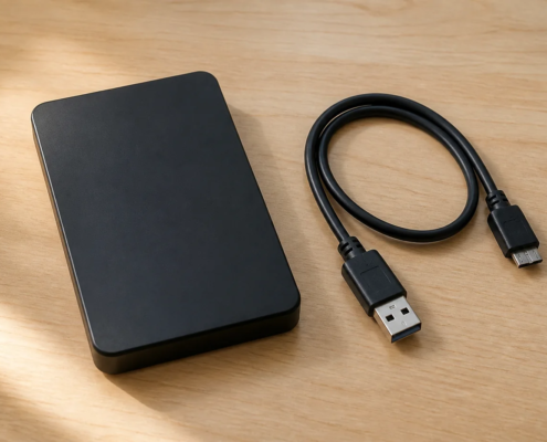 ฮาร์ดดิสก์พกพาสีดำไม่มีแบรนด์วางแยกจากสาย USB เพื่อหยุดใช้งานอย่างปลอดภัย