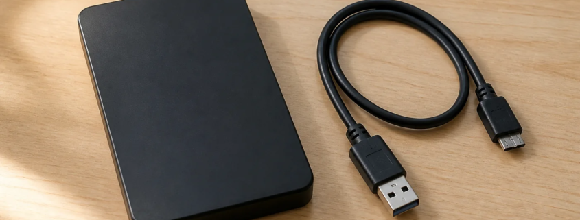 ฮาร์ดดิสก์พกพาสีดำไม่มีแบรนด์วางแยกจากสาย USB เพื่อหยุดใช้งานอย่างปลอดภัย