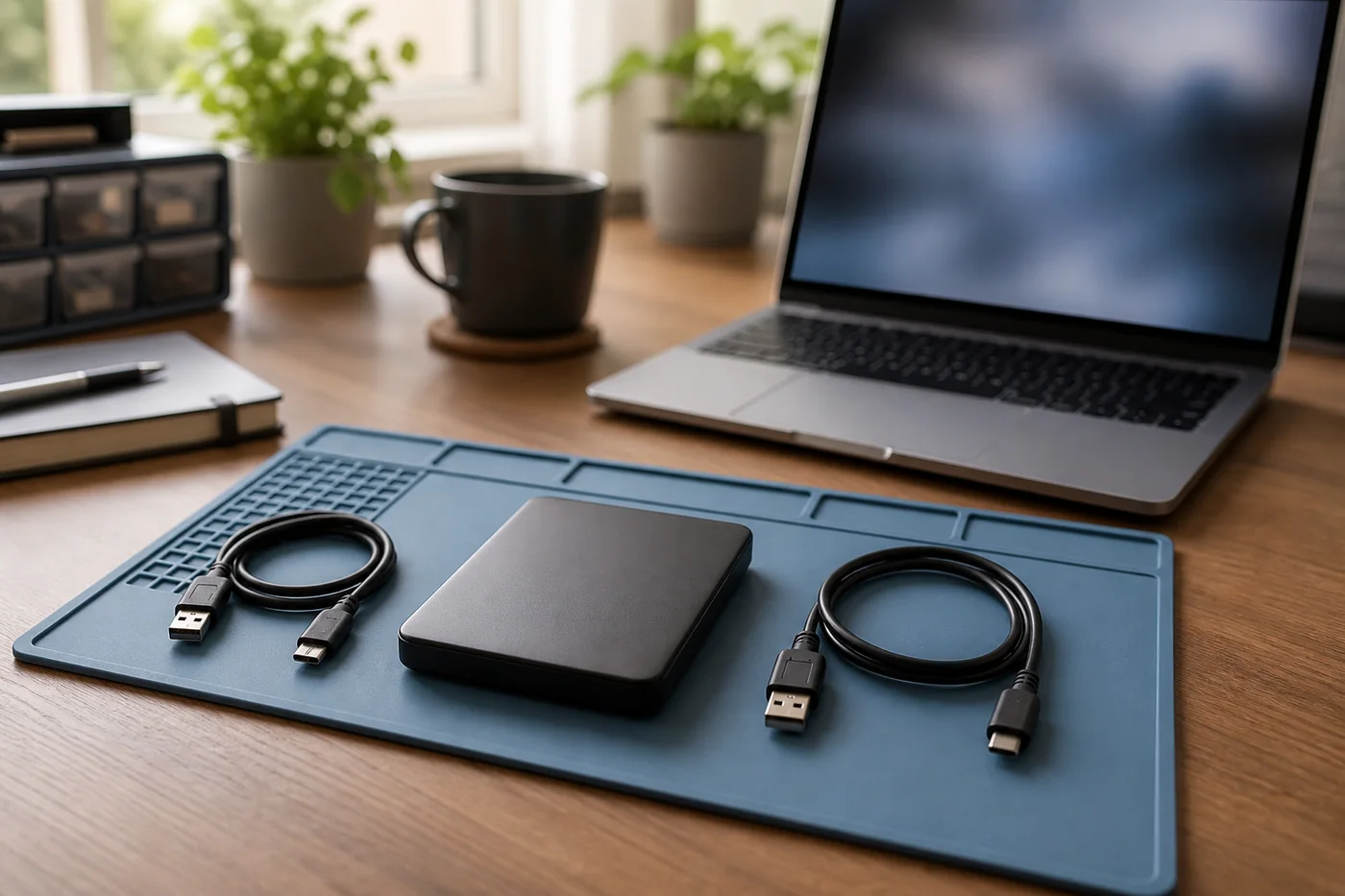 ฮาร์ดดิสก์พกพาไม่มีแบรนด์กับสาย USB สองเส้นบนแผ่นรองสำหรับตรวจสอบแบบไม่เปิดฝา