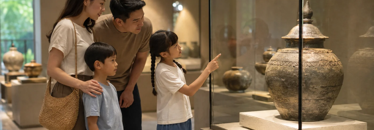 ภาพสร้างประกอบครอบครัวสังเกตภาชนะในตู้พิพิธภัณฑ์สมมติ ไม่ใช่สถานที่จริง