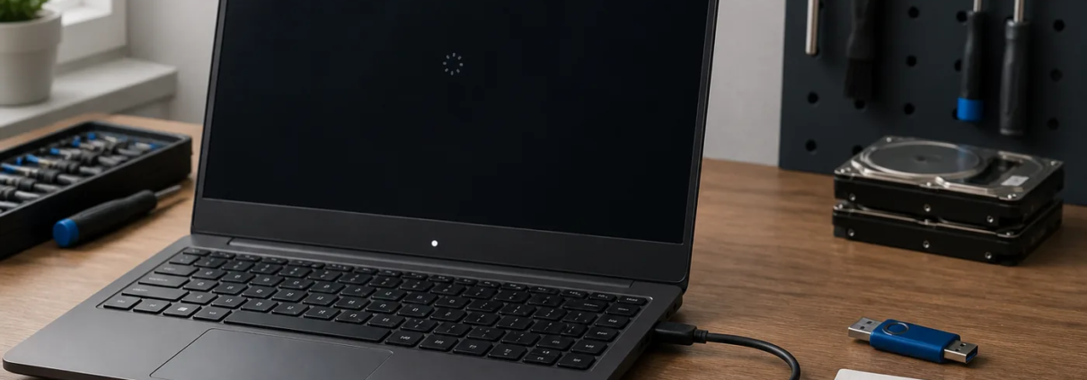 โน้ตบุ๊ก Windows จอดำพร้อมอุปกรณ์สำรองข้อมูลบนโต๊ะตรวจซ่อม