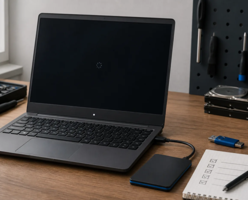 โน้ตบุ๊ก Windows จอดำพร้อมอุปกรณ์สำรองข้อมูลบนโต๊ะตรวจซ่อม