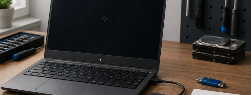 โน้ตบุ๊ก Windows จอดำพร้อมอุปกรณ์สำรองข้อมูลบนโต๊ะตรวจซ่อม