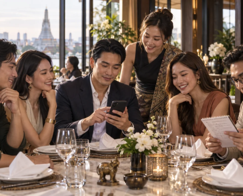 กลุ่มผู้ใหญ่กำลังตรวจโทรศัพท์และรายการยืนยันก่อนเริ่มมื้ออาหาร
