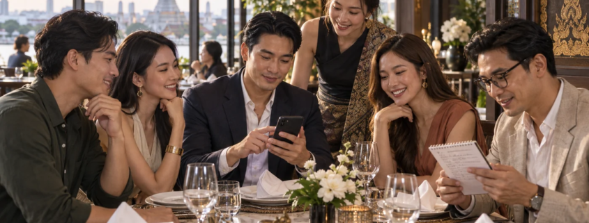 กลุ่มผู้ใหญ่กำลังตรวจโทรศัพท์และรายการยืนยันก่อนเริ่มมื้ออาหาร