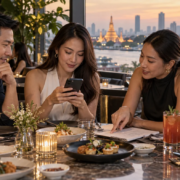 ผู้ใหญ่สี่คนกำลังตรวจรายละเอียดการจองและรายชื่อบนโต๊ะอาหารในร้าน
