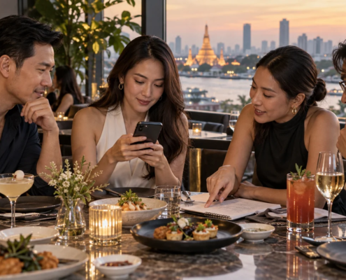 ผู้ใหญ่สี่คนกำลังตรวจรายละเอียดการจองและรายชื่อบนโต๊ะอาหารในร้าน
