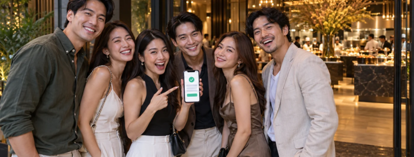กลุ่มเพื่อนหกคนตรวจข้อมูลยืนยันบนโทรศัพท์หน้าร้านอาหาร