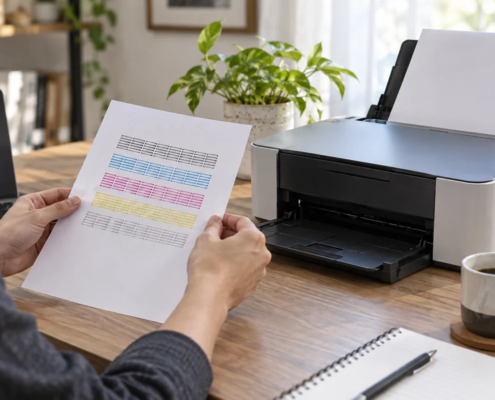 ผู้ใหญ่กำลังตรวจแผ่นลายทดสอบจากเครื่องพิมพ์ Inkjet บนโต๊ะทำงาน