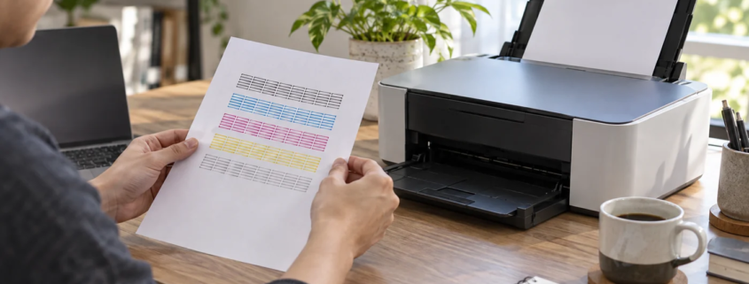 ผู้ใหญ่กำลังตรวจแผ่นลายทดสอบจากเครื่องพิมพ์ Inkjet บนโต๊ะทำงาน