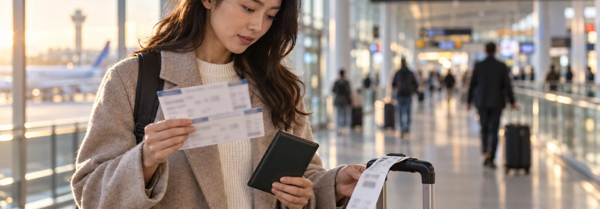 ผู้เดินทางตรวจบัตรขึ้นเครื่องสองใบและป้ายกระเป๋าในอาคารสนามบิน
