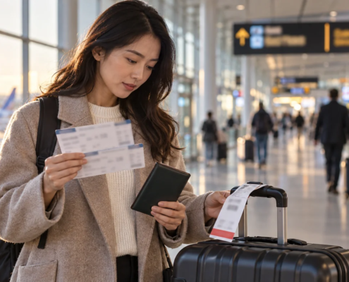 ผู้เดินทางตรวจบัตรขึ้นเครื่องสองใบและป้ายกระเป๋าในอาคารสนามบิน