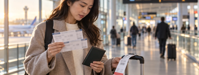 ผู้เดินทางตรวจบัตรขึ้นเครื่องสองใบและป้ายกระเป๋าในอาคารสนามบิน