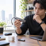 ผู้ใช้งานกำลังตรวจ USB-C Hub แบบไม่มีแบรนด์บนโต๊ะทำงาน