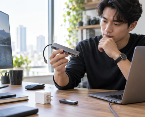 ผู้ใช้งานกำลังตรวจ USB-C Hub แบบไม่มีแบรนด์บนโต๊ะทำงาน