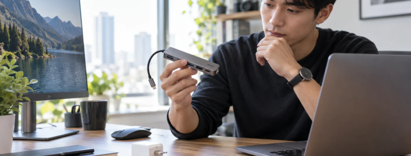 ผู้ใช้งานกำลังตรวจ USB-C Hub แบบไม่มีแบรนด์บนโต๊ะทำงาน