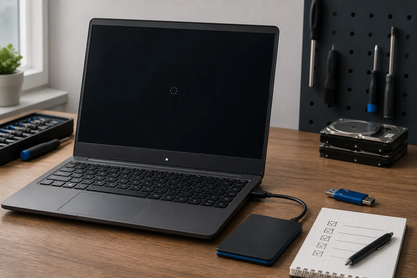 โน้ตบุ๊ก Windows จอดำพร้อมอุปกรณ์สำรองข้อมูลบนโต๊ะตรวจซ่อม