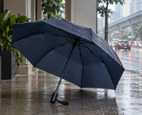 ร่มพับสีน้ำเงินเปิดบนระเบียงริมถนนฝนตก ภาพประกอบ