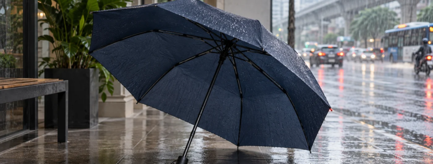 ร่มพับสีน้ำเงินเปิดบนระเบียงริมถนนฝนตก ภาพประกอบ